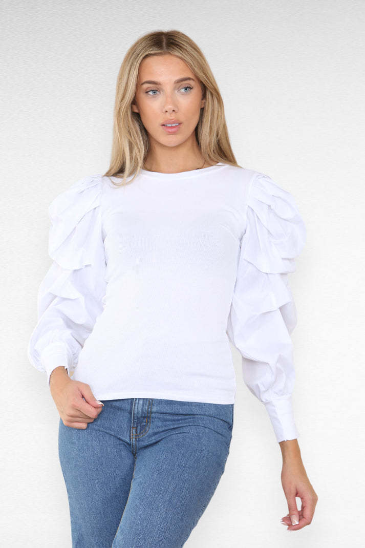 Oversized Puff Sleeves Ribbed Top