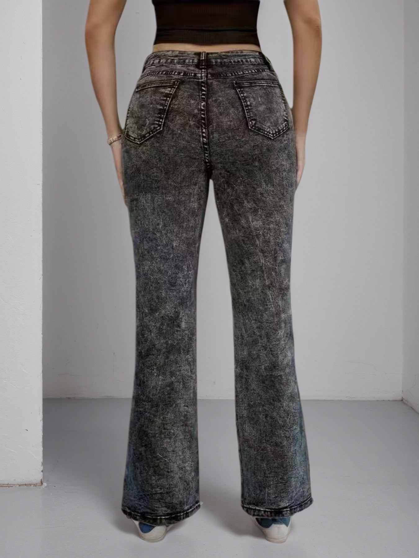 High Waisted Slightly Flared Jeans With Side Buckles, Classic Graphite Color, Comfortable Fit, Essential For Going Out.