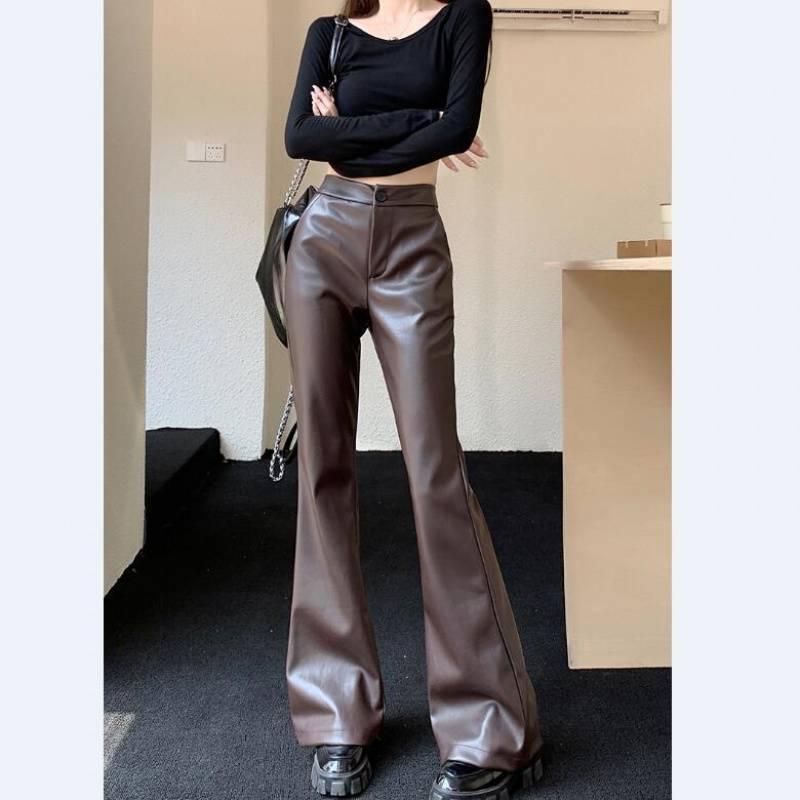 Slim Fit Leather Bootcut Trousers Slimming High Waist Casual Leather Pants
