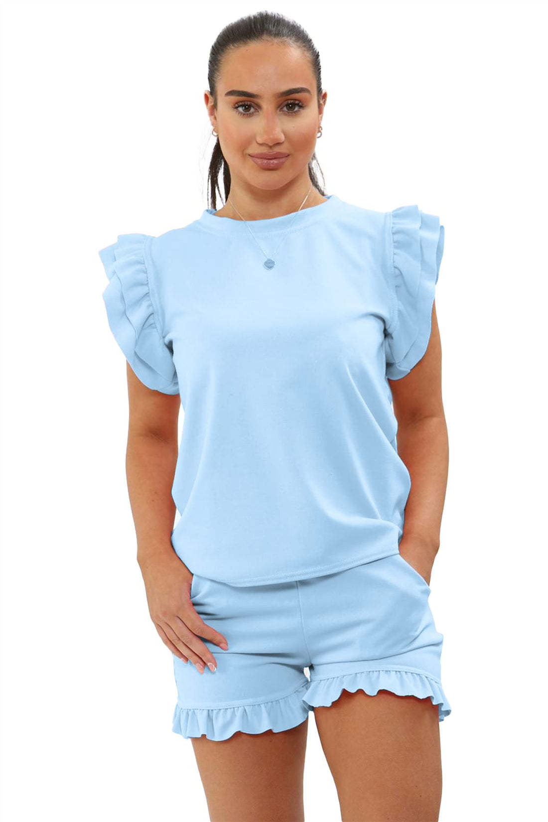 Ladies Frill Peplum Sleeve Top And Short 2 Piece Tracksuit Set