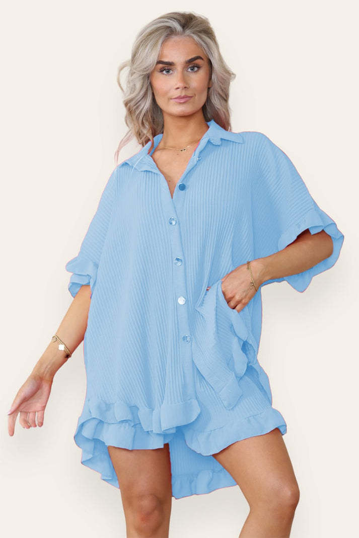 Button Pleated Frilled Ruffle Short Sleeves Shirt Top And Short Co-Ord Set