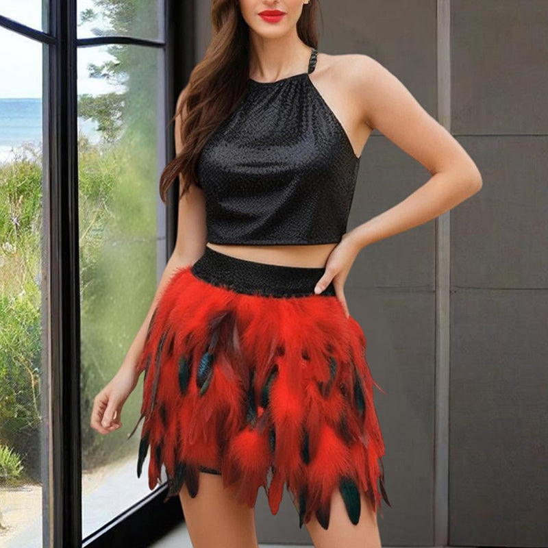Women's Unique Faux Feather Asymmetrical Mini Skirt - Gothic Party Dance Skirt For Summer Events