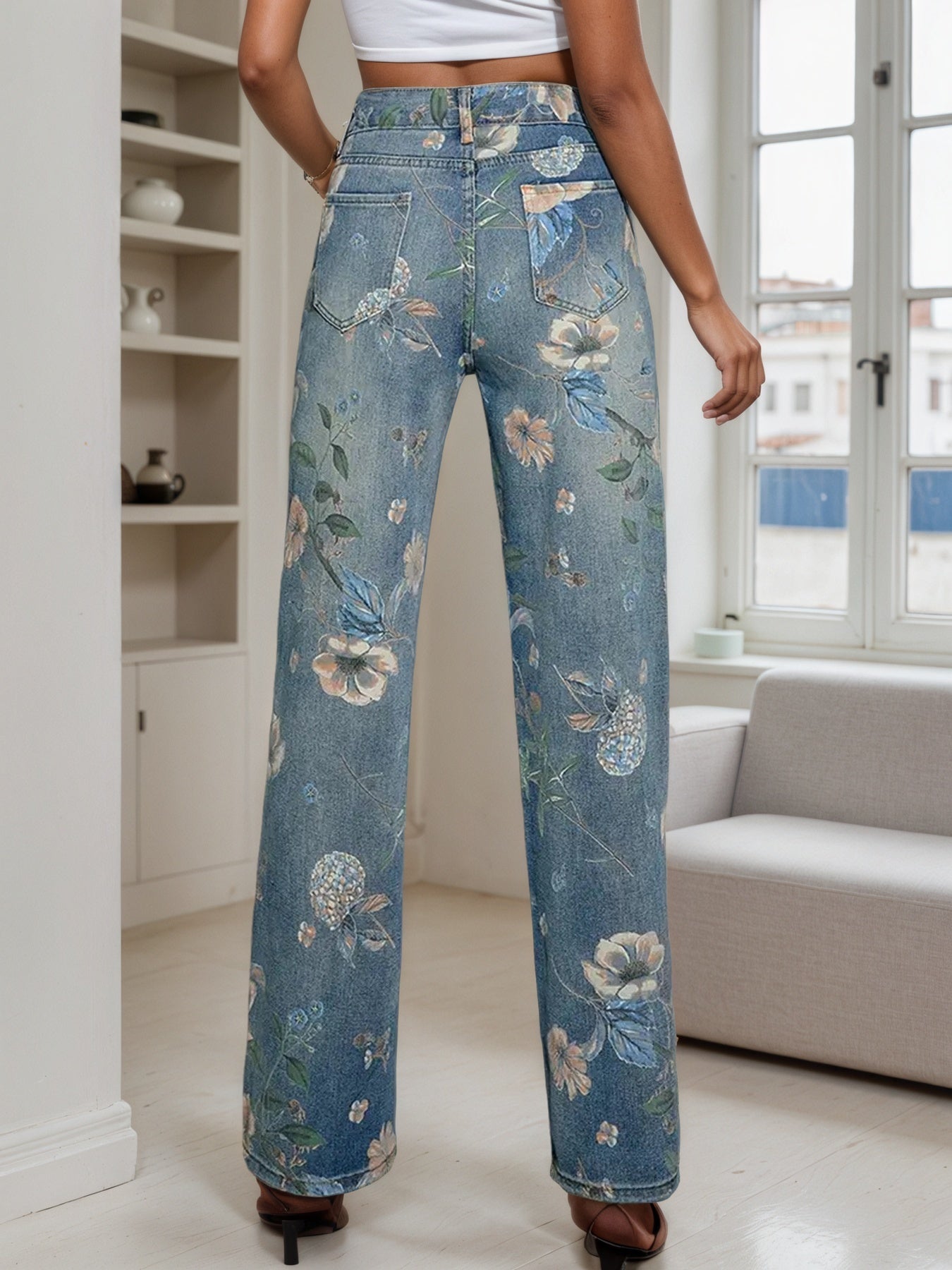 2025 New Women's Fashion Printed Jeans, Straight Leg Loose Wide Leg Pants, Suitable For A Variety Of Wear, Spring Summer Autumn Clothing, Women's Wear