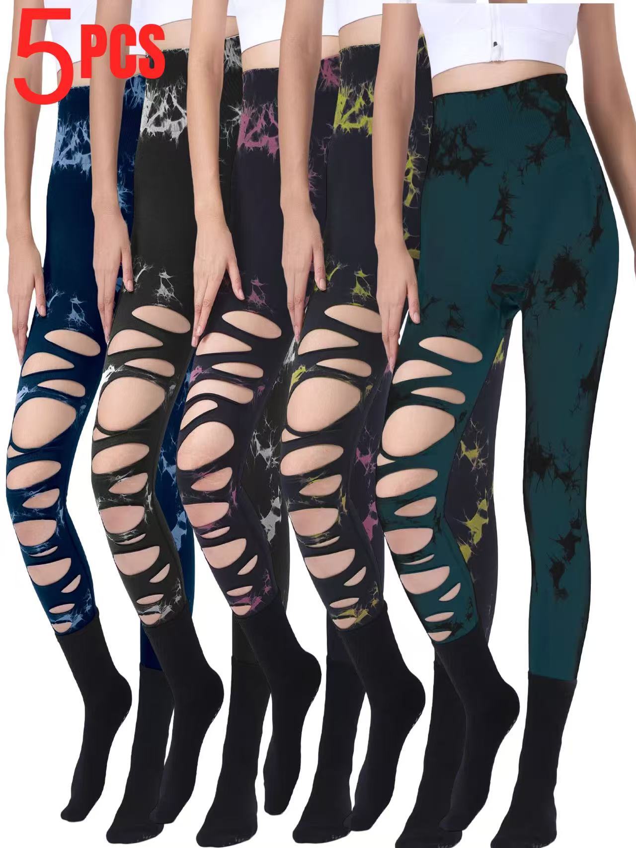 5 Pack Wholesale Fashion Women Sports Yoga High Waist Tie Dye Print Ripped Hollow Leggings Pants