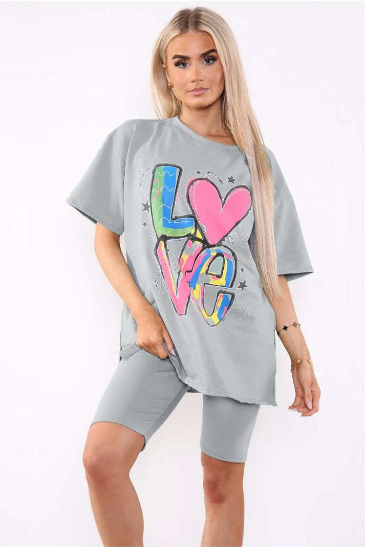 Cycling Short And T-Shirts Co-Ord Two Piece Side Slit Set With Front Printed Slogan