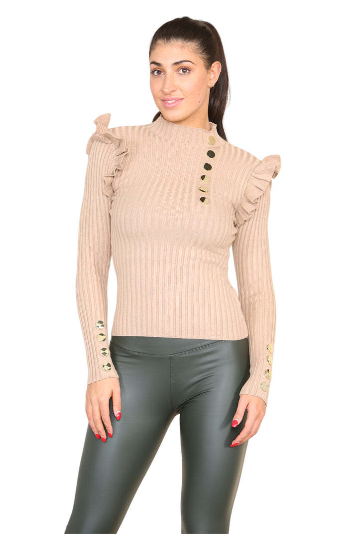 Ribbed Knit Gold Button Detail Jumper With Frill