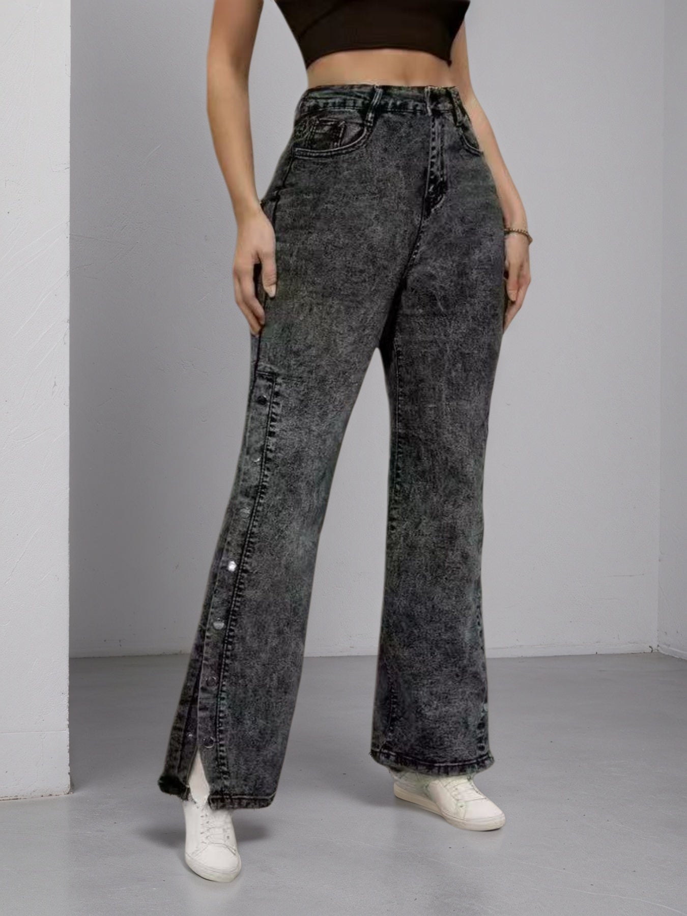 High Waisted Slightly Flared Jeans With Side Buckles, Classic Graphite Color, Comfortable Fit, Essential For Going Out.