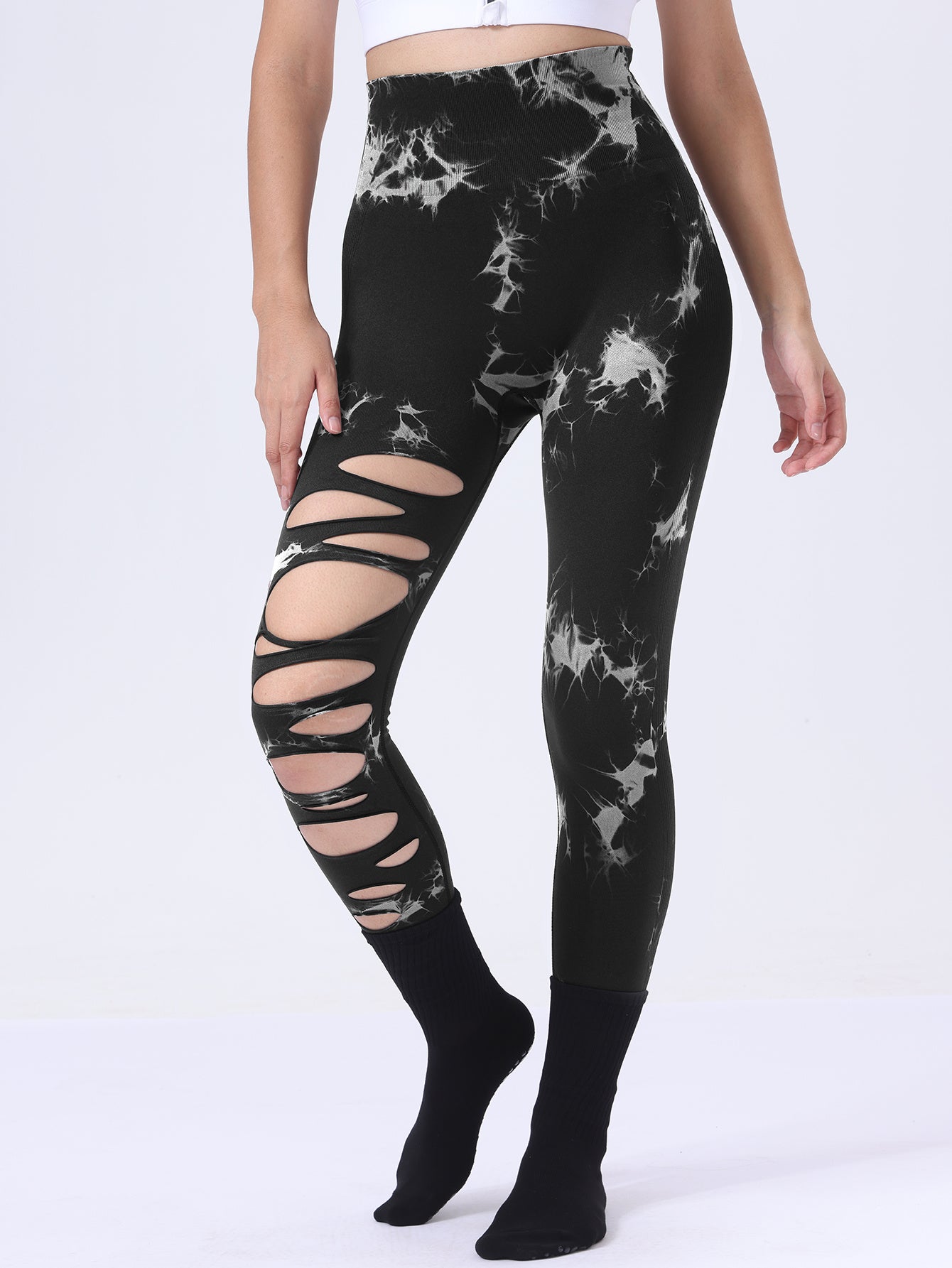 5 Pack Wholesale Fashion Women Sports Yoga High Waist Tie Dye Print Ripped Hollow Leggings Pants
