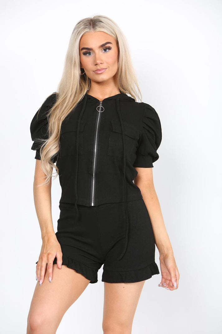 Front Pocket Zip Up Suit Ribbed Hooded Lounge Wear Short Set