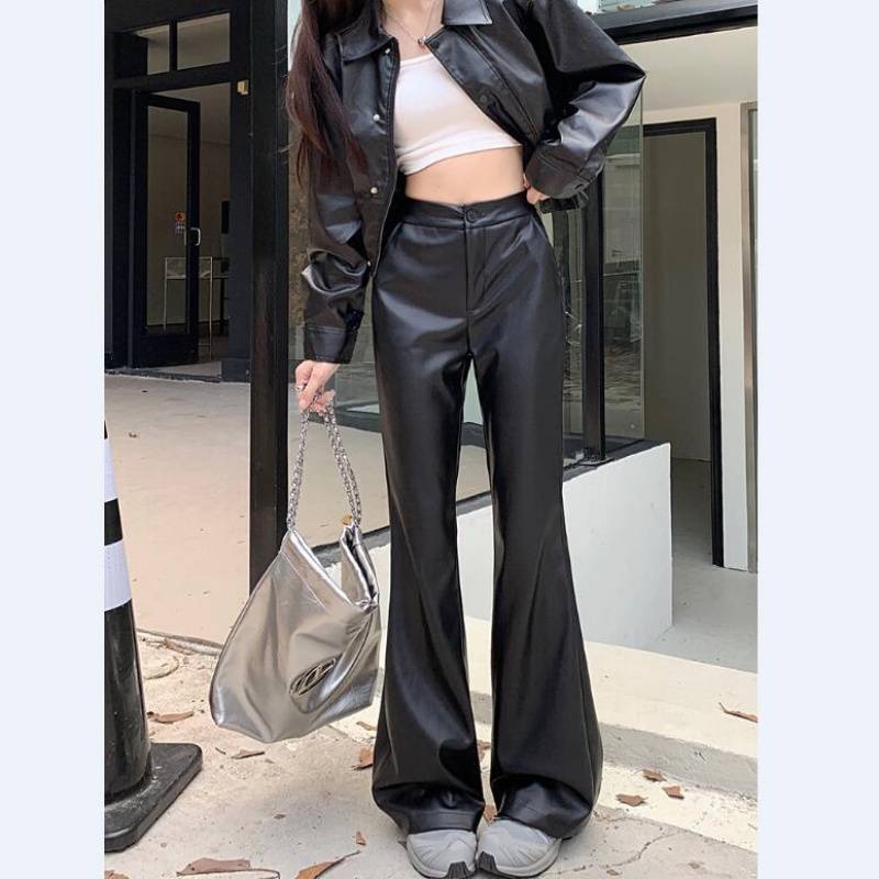 Slim Fit Leather Bootcut Trousers Slimming High Waist Casual Leather Pants