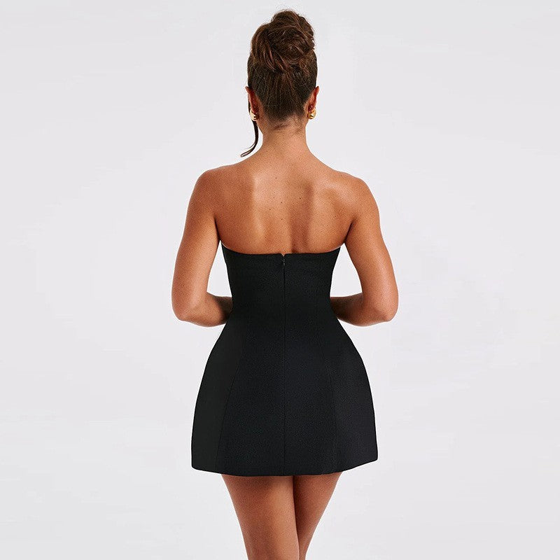 Women Mini Dress, Strapless Backless Solid Slim Fit A-line Summer Tube Clubwear