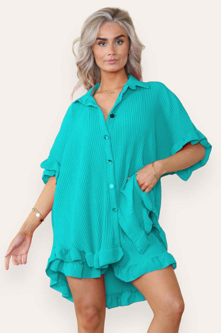 Button Pleated Frilled Ruffle Short Sleeves Shirt Top And Short Co-Ord Set