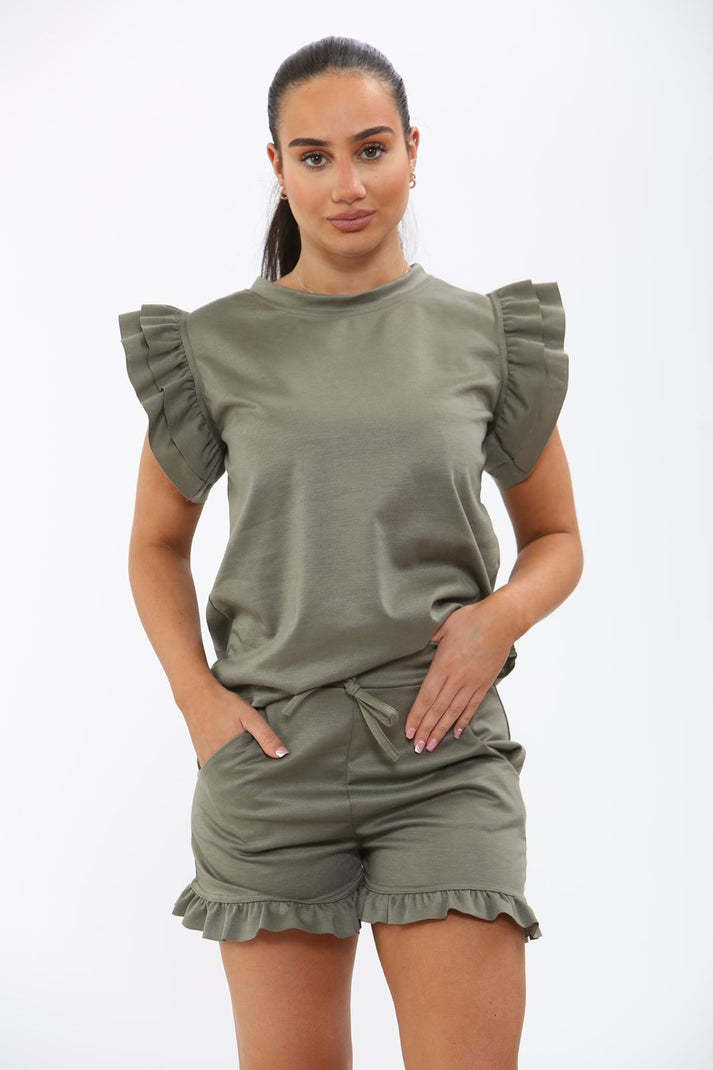 Ladies Frill Peplum Sleeve Top And Short 2 Piece Tracksuit Set
